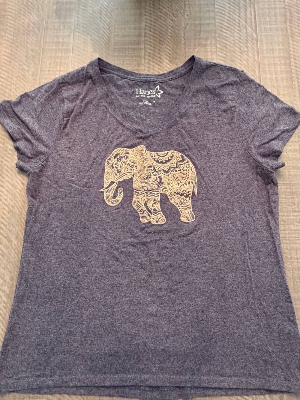 Women's Gray V-Neck Tee with Gold Elephant Print